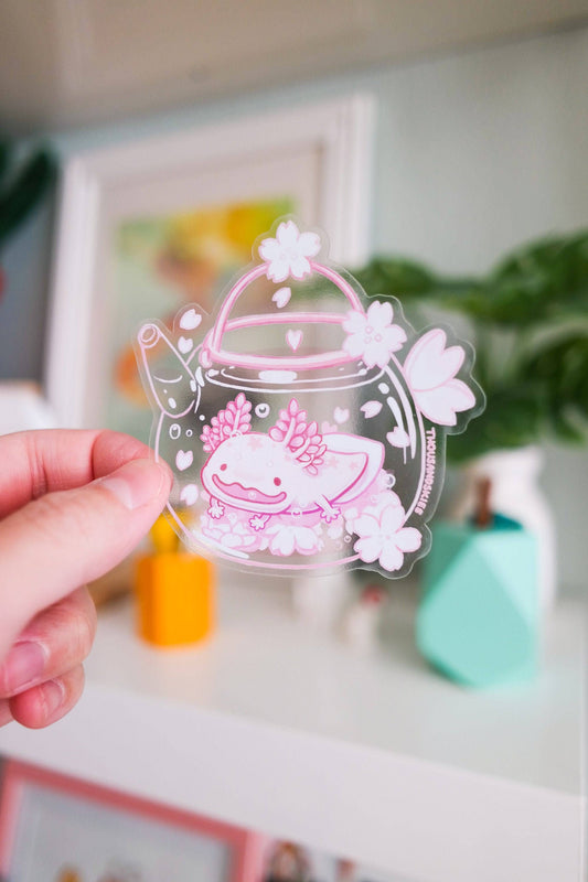 Cherry Blossom Axolotl Tea Transparent Vinyl Sticker