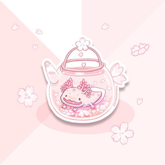 Cherry Blossom Axolotl Tea Transparent Vinyl Sticker