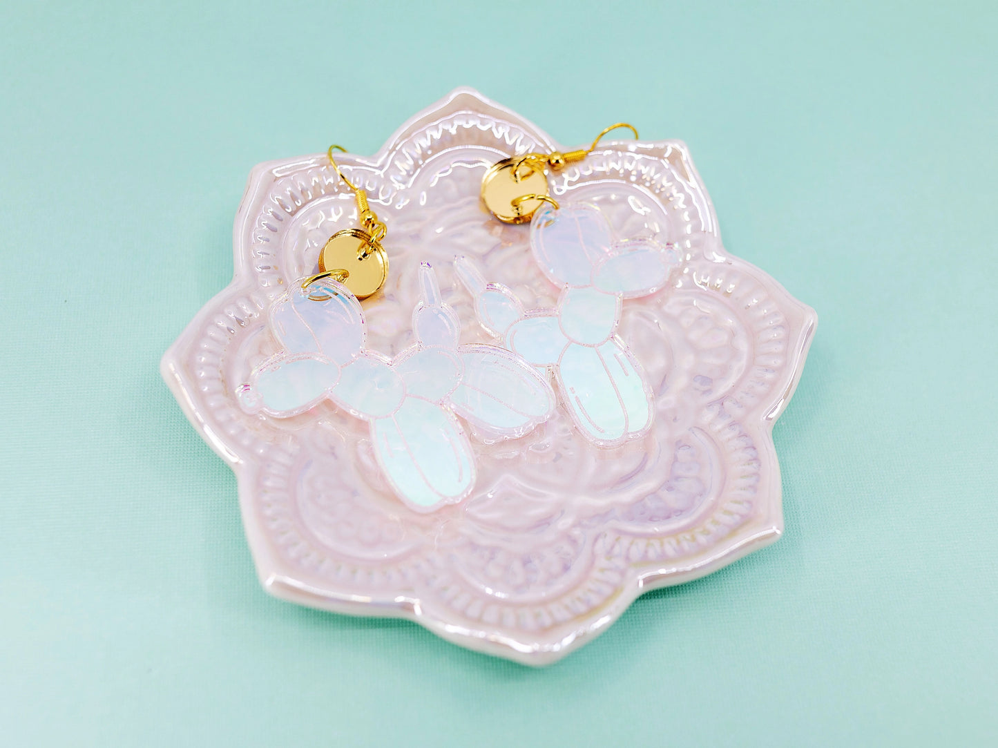 Iridescent Balloon Dog Earrings with Gold Mirrors