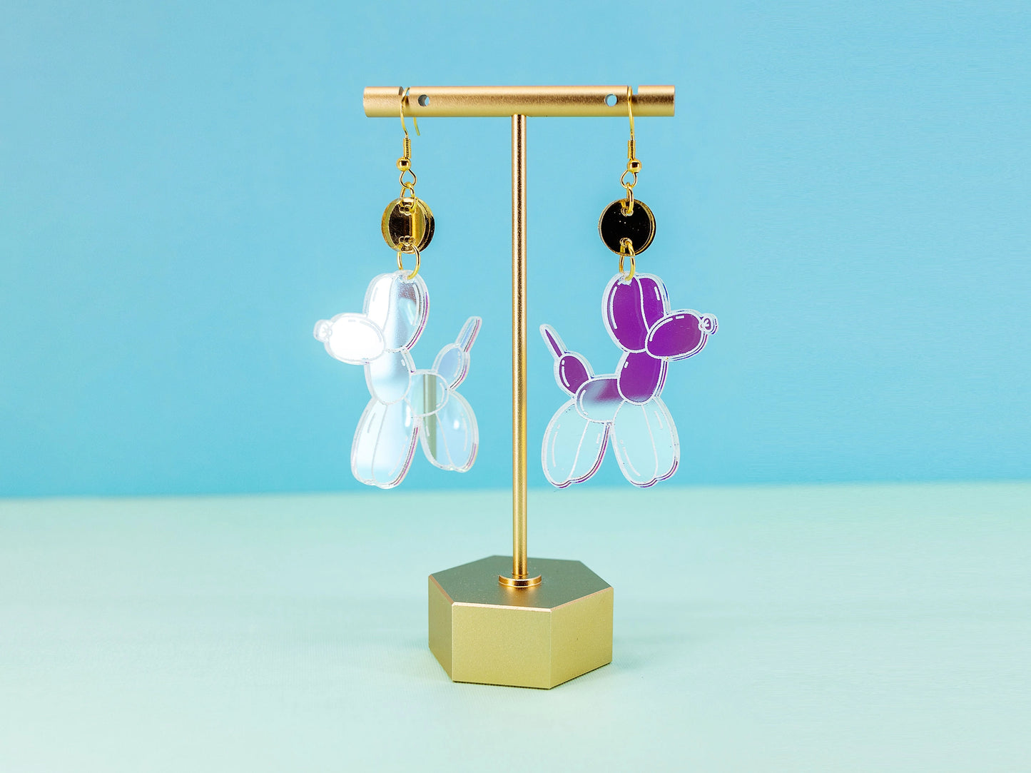 Iridescent Balloon Dog Earrings with Gold Mirrors