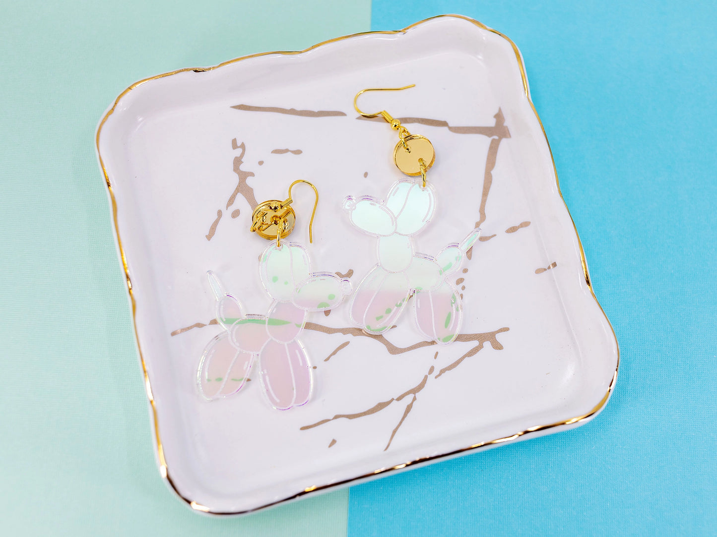 Iridescent Balloon Dog Earrings with Gold Mirrors