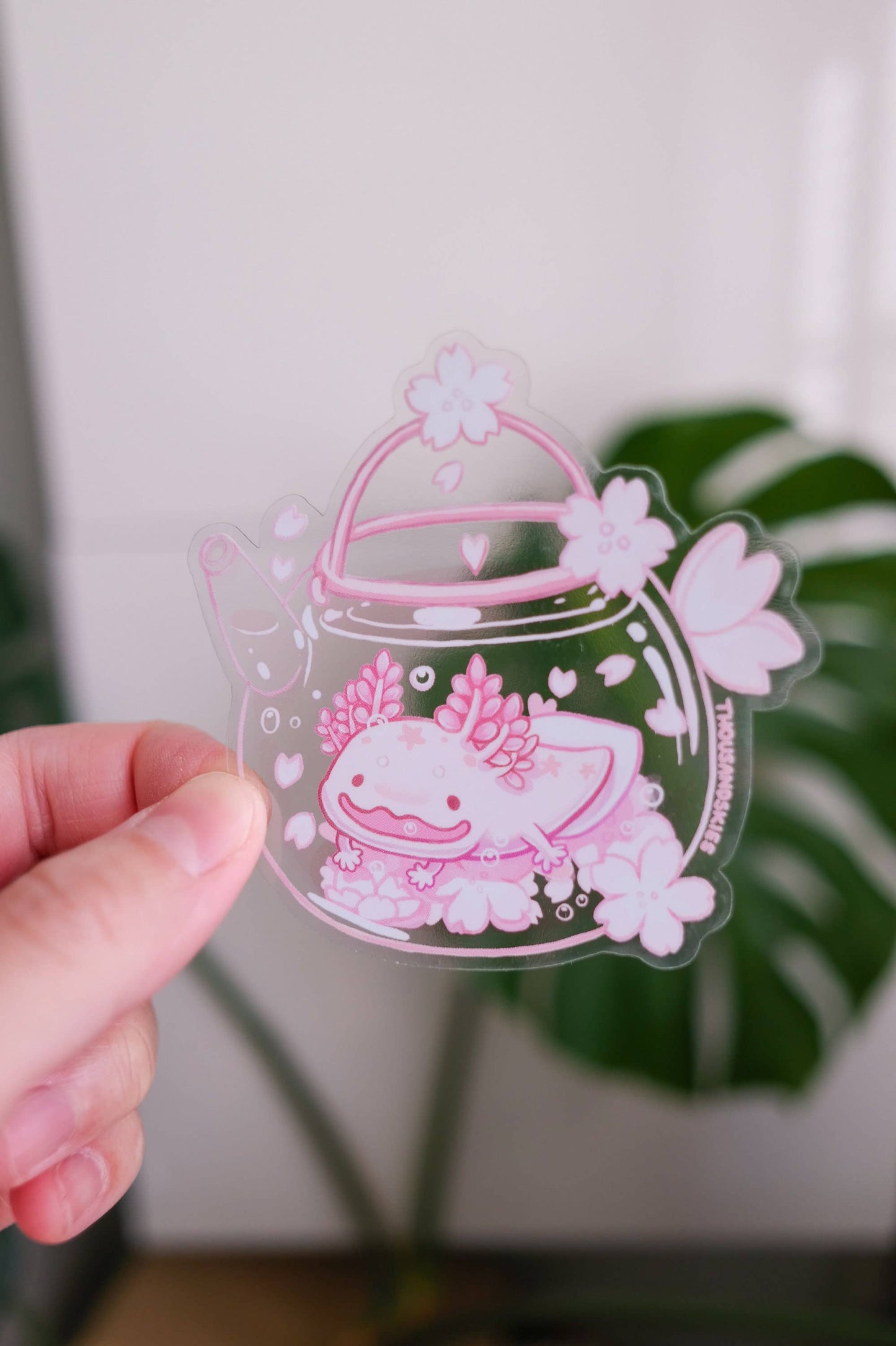 Cherry Blossom Axolotl Tea Transparent Vinyl Sticker