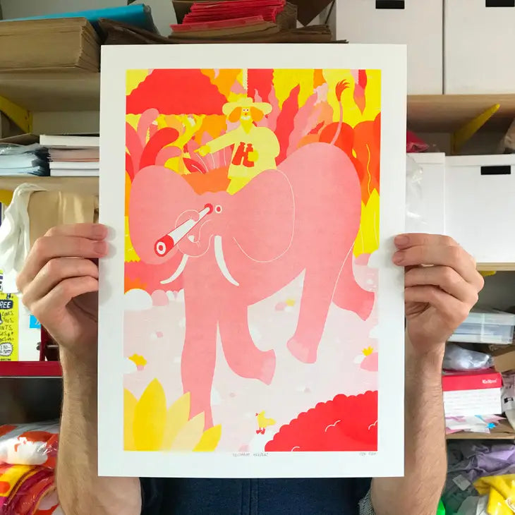 Elephant Helper Risograph Print