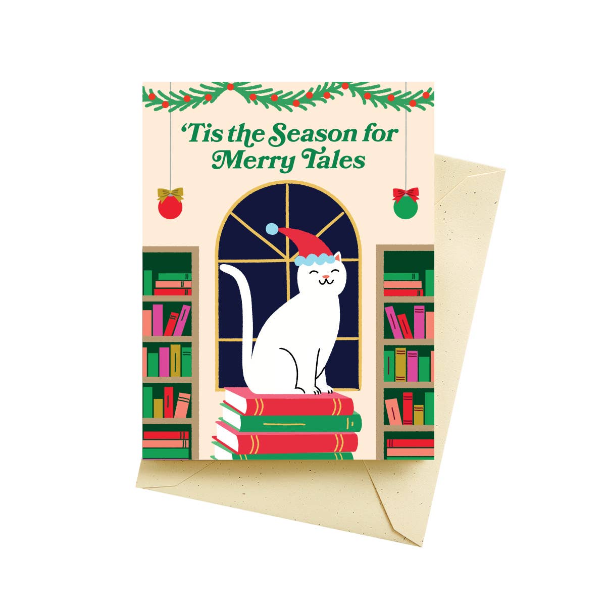 Book Stack Cat Holiday Greeting Card