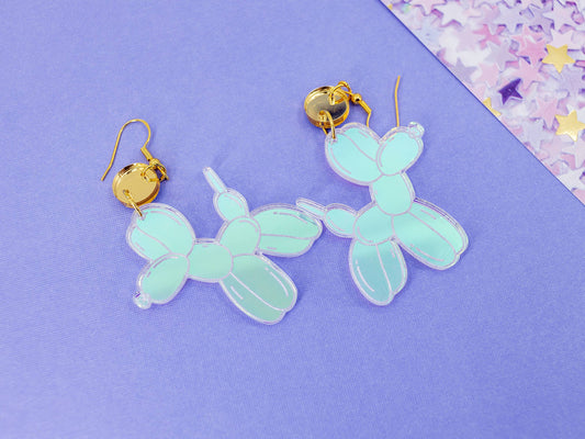 Iridescent Balloon Dog Earrings with Gold Mirrors